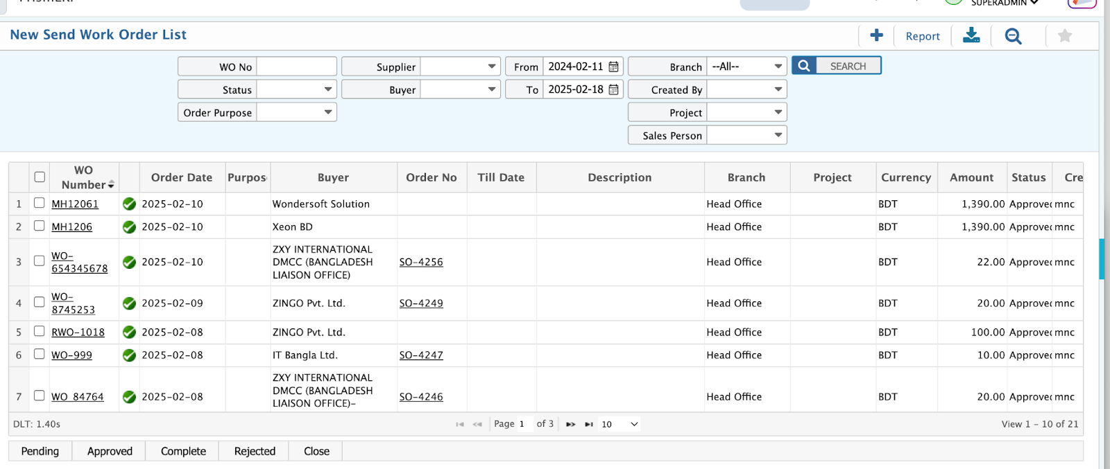 Receive Work Order List